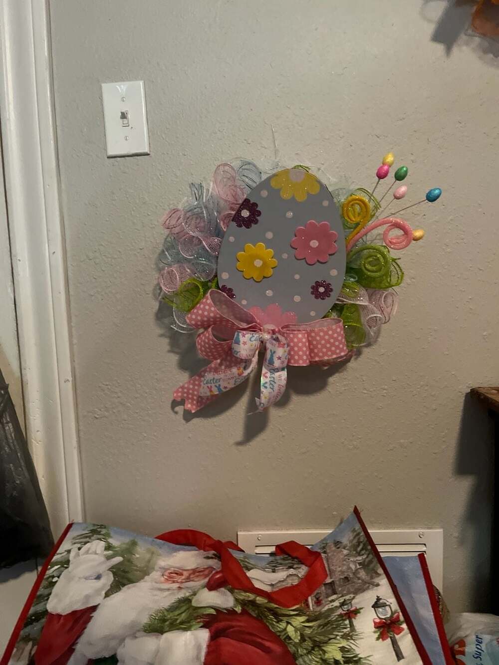 Large Easter Egg Deco Mesh Door Wreath with Pastel Bow and Floral Glitter Accent